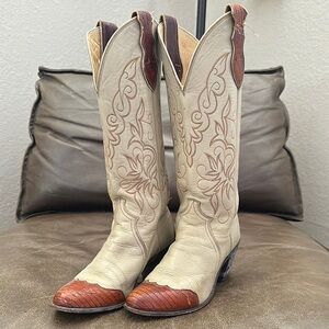 Justin Boots Cream and Brown Heeled Western Boots